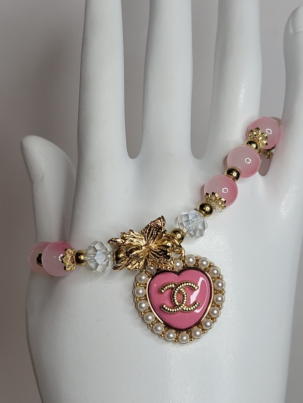 Pink Glass Beaded Stretch Bracelet, CC Zip Pull